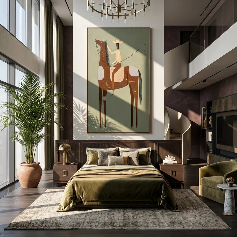 Long Rope Rider on Chestnut Horse Wall Art – Sage Western Folk Painting#yy825121