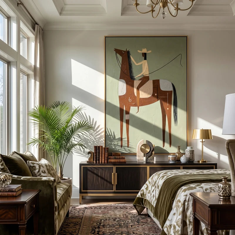 Long Rope Rider on Chestnut Horse Wall Art – Sage Western Folk Painting#yy825121