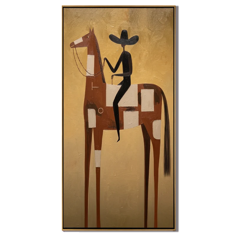 Patchwork Brown Horse Rider Wall Art – Golden Western Folk Painting#yy825122