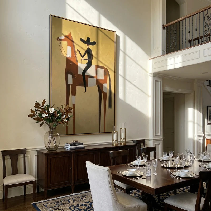 Patchwork Brown Horse Rider Wall Art – Golden Western Folk Painting#yy825122