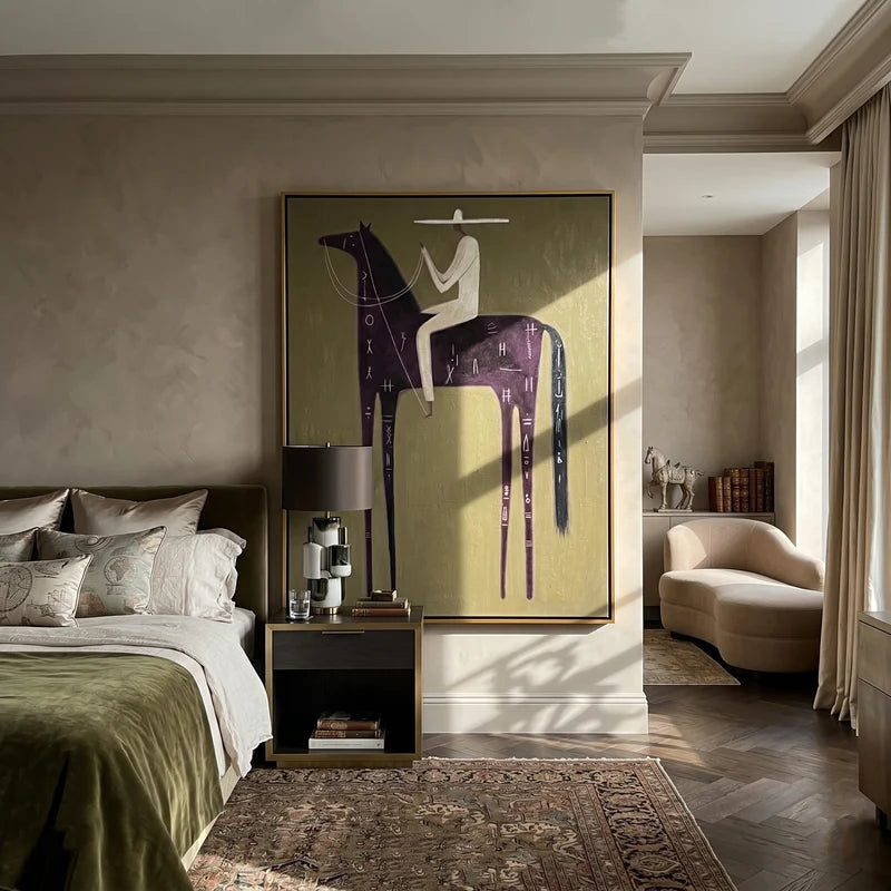 Symbol-Marked Black Horse Rider Wall Art – Mystical Western Painting#yy825128