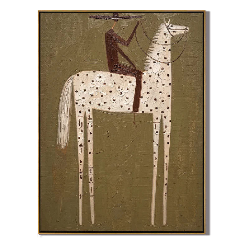 Speckled White Horse Rider Wall Art – Olive Western Folk Painting#yy825129
