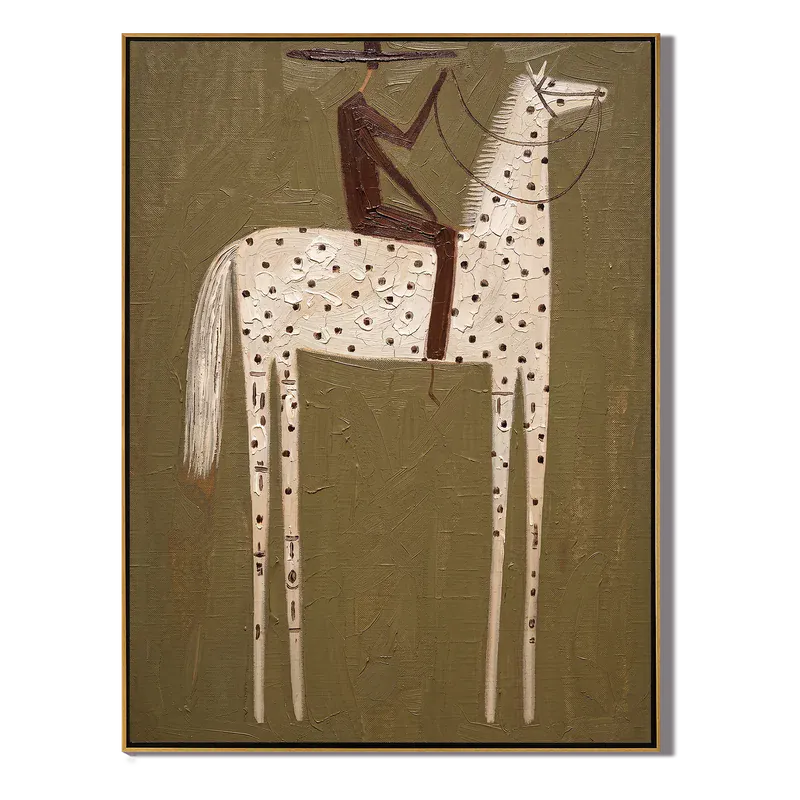 Speckled White Horse Rider Wall Art – Olive Western Folk Painting#yy825129