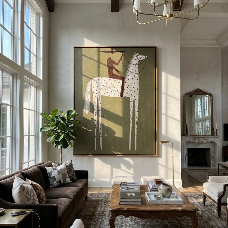 Speckled White Horse Rider Wall Art – Olive Western Folk Painting#yy825129