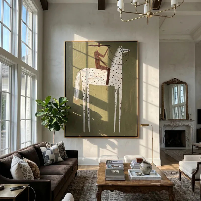 Speckled White Horse Rider Wall Art – Olive Western Folk Painting#yy825129