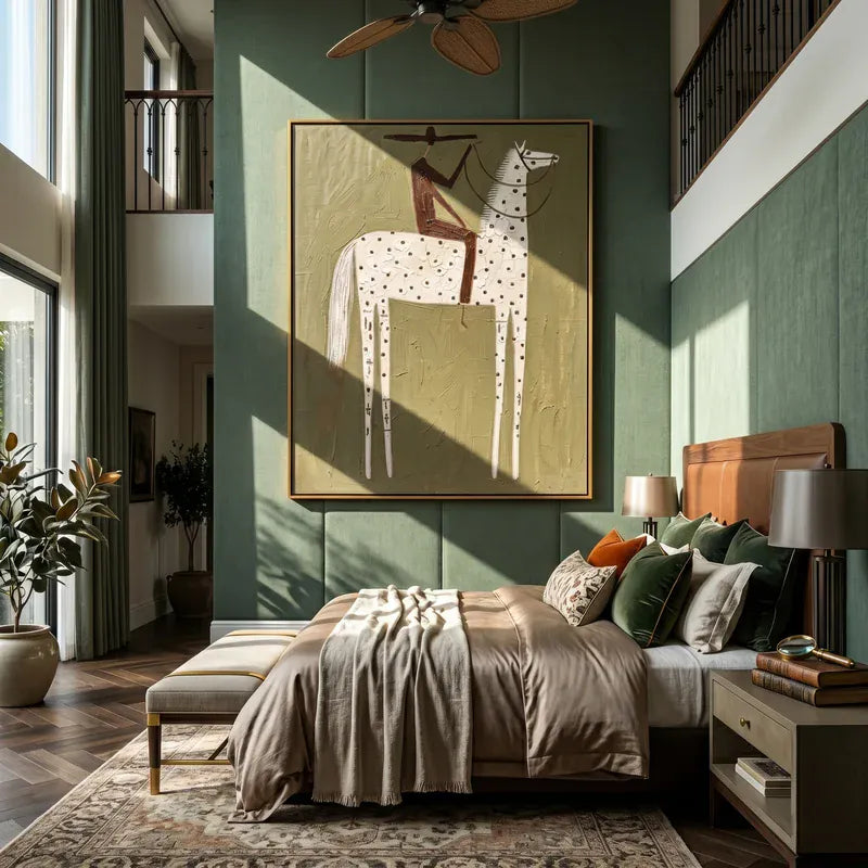 Speckled White Horse Rider Wall Art – Olive Western Folk Painting#yy825129