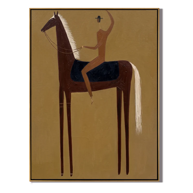Waving Rider on Brown Horse Wall Art – Ochre Western Folk Painting#yy825130