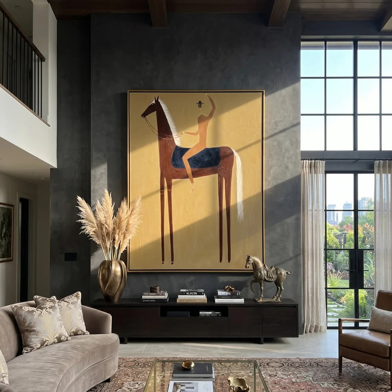 Waving Rider on Brown Horse Wall Art – Ochre Western Folk Painting#yy825130