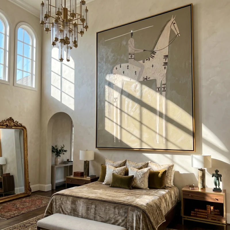 Geometric Ivory Horse Rider Wall Art – Neutral Southwestern Painting#yy825131