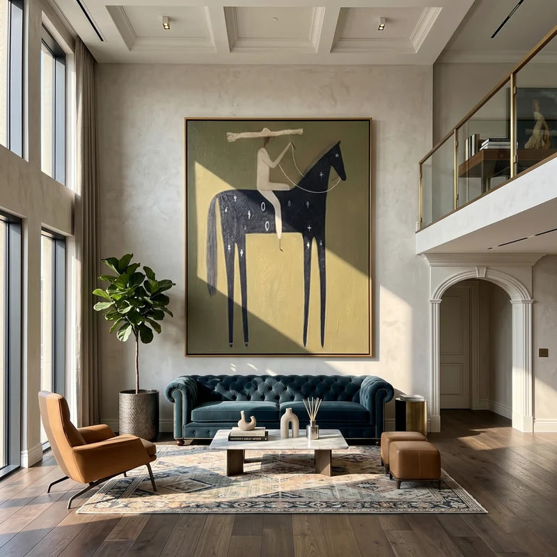 Celestial Black Horse Rider Wall Art – Olive Western Folk Painting#yy825132