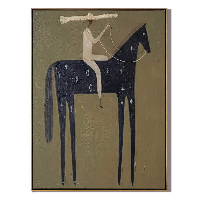 Celestial Black Horse Rider Wall Art – Olive Western Folk Painting#yy825132