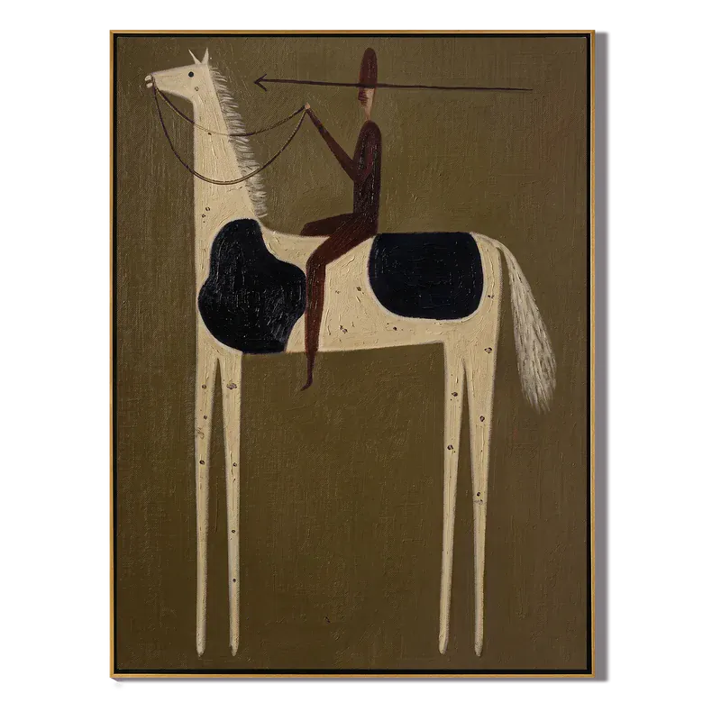 Spear Rider on Black and White Horse Wall Art – Primitive Western Painting#yy825133