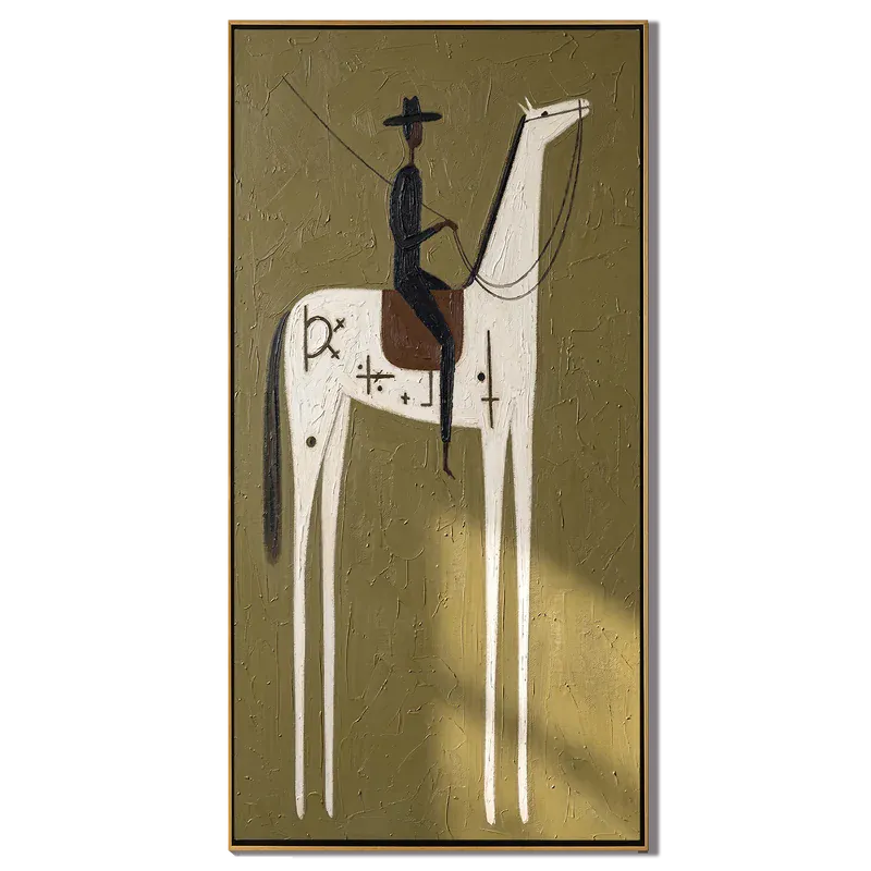 Symbolic White Horse and Black Rider Wall Art – Olive Western Painting#yy825134