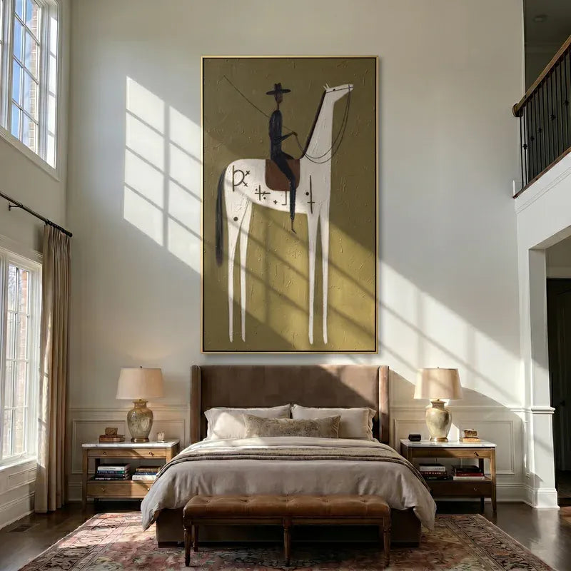 Symbolic White Horse and Black Rider Wall Art – Olive Western Painting#yy825134