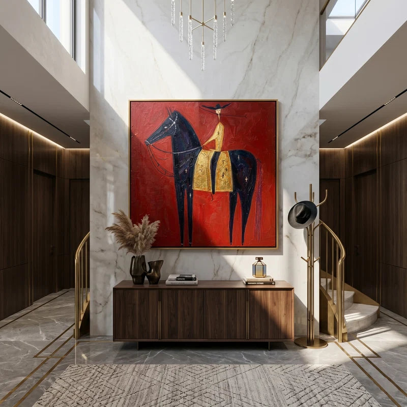 Black Horse with Golden Saddle Rider Wall Art – Red Western Folk Painting#yy825135