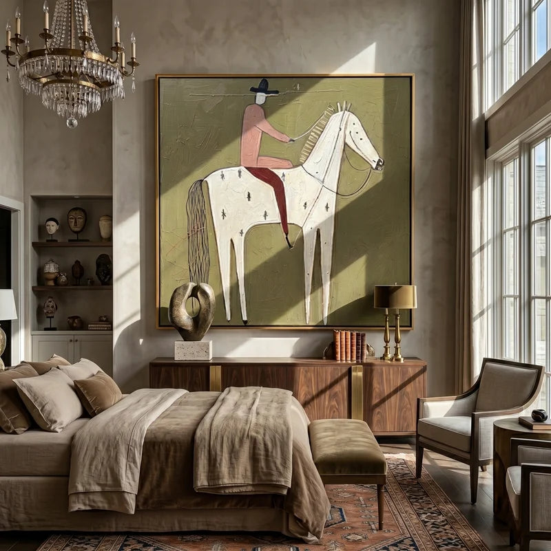 Star-Marked White Horse Rider Wall Art – Olive Western Folk Painting#yy825136
