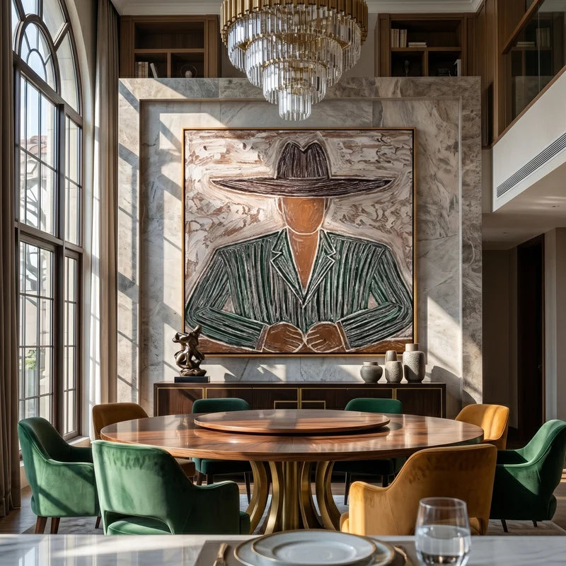 Green Pinstripe Cowboy Portrait Wall Art – Textured Western Painting#yy825141