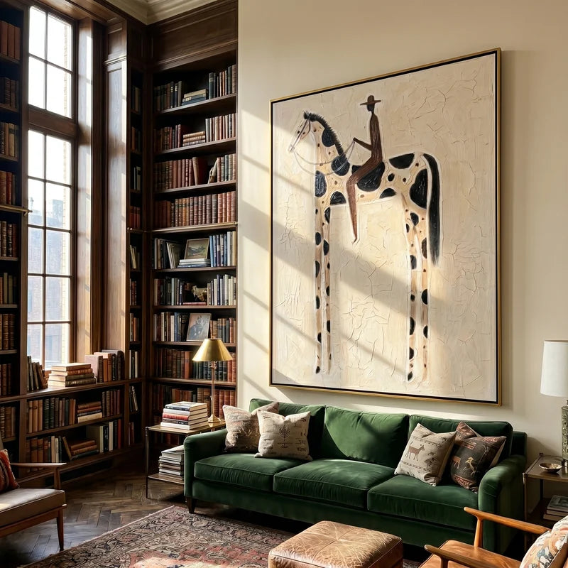 Black Spotted Horse and Rider Wall Art – Neutral Western Folk Painting#yy825145