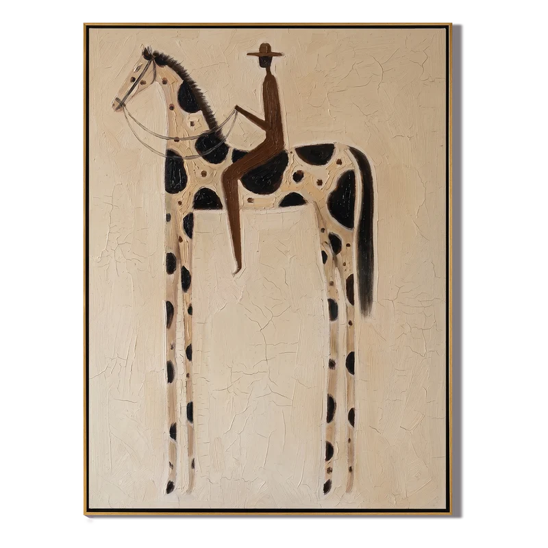 Black Spotted Horse and Rider Wall Art – Neutral Western Folk Painting#yy825145