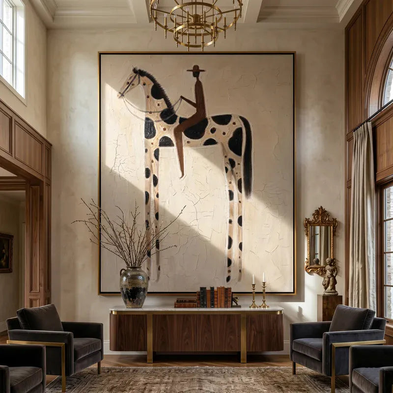 Black Spotted Horse and Rider Wall Art – Neutral Western Folk Painting#yy825145