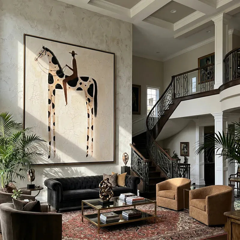 Black Spotted Horse and Rider Wall Art – Neutral Western Folk Painting#yy825145