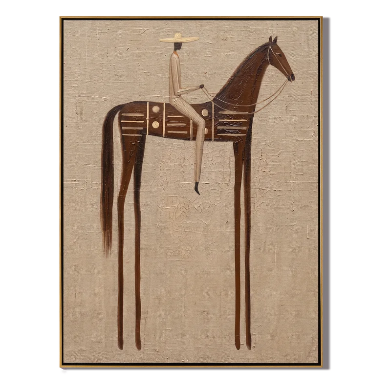 Cream Rider on Patterned Brown Horse Wall Art – Neutral Ranch Painting#yy825146