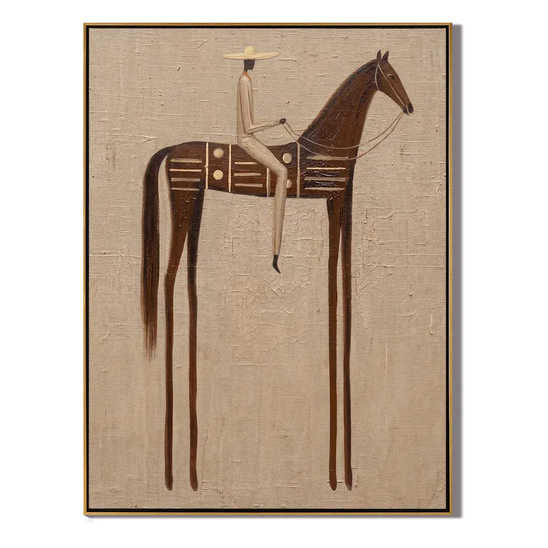 Cream Rider on Patterned Brown Horse Wall Art – Neutral Ranch Painting#yy825146