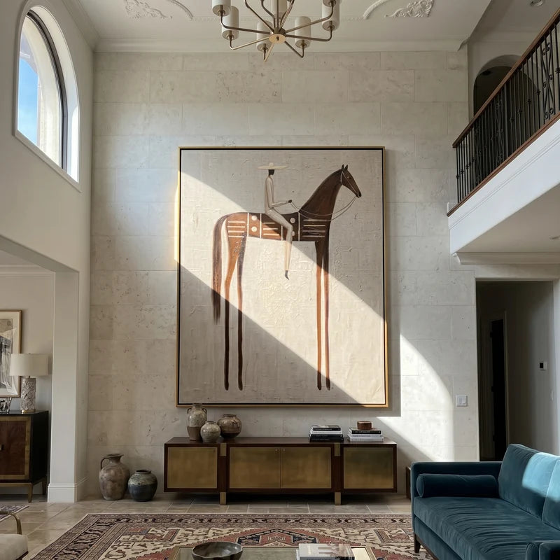 Cream Rider on Patterned Brown Horse Wall Art – Neutral Ranch Painting#yy825146
