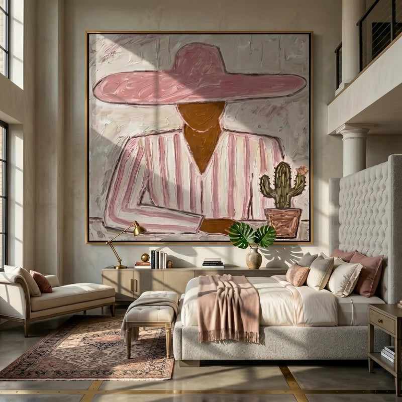Pink Hat Cowgirl with Cactus Wall Art – Southwestern Folk Painting#yy825147