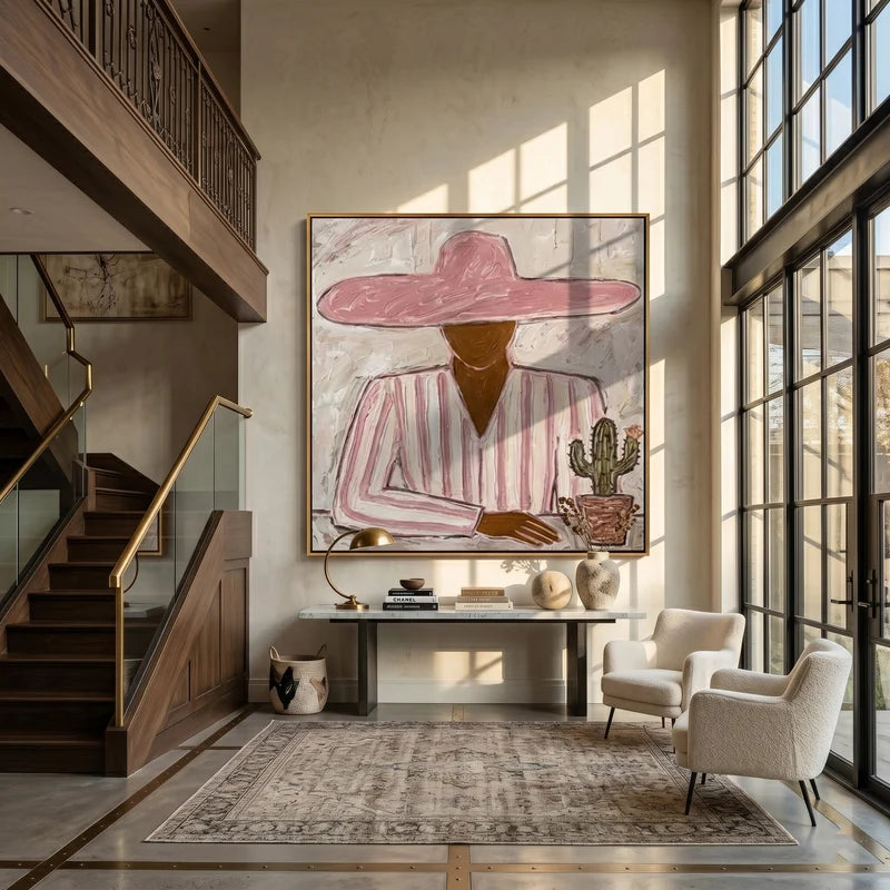 Pink Hat Cowgirl with Cactus Wall Art – Southwestern Folk Painting#yy825147