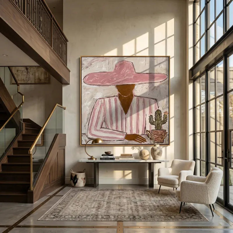 Pink Hat Cowgirl with Cactus Wall Art – Southwestern Folk Painting#yy825147