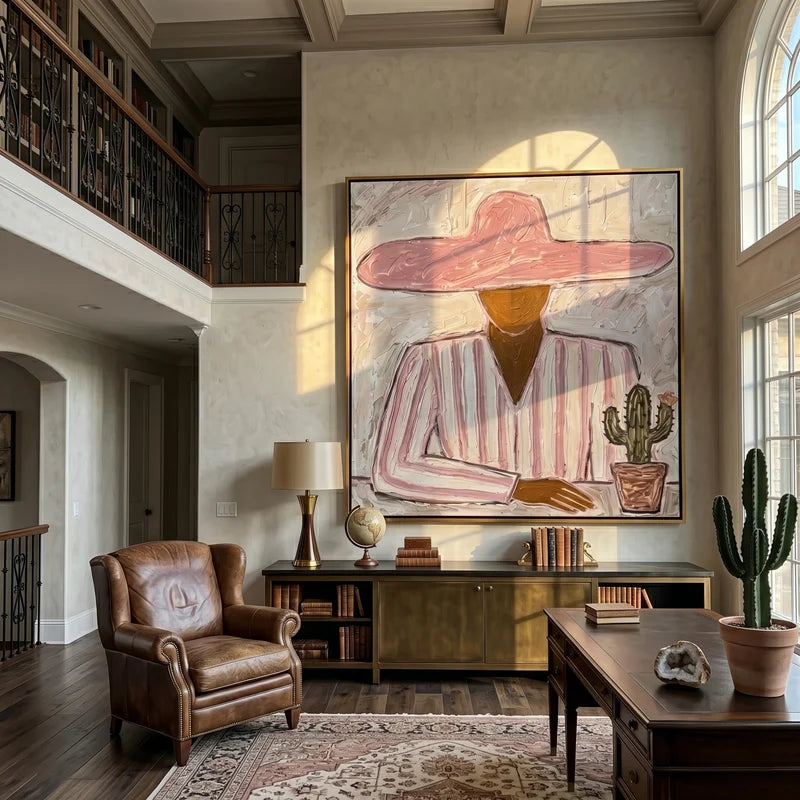 Pink Hat Cowgirl with Cactus Wall Art – Southwestern Folk Painting#yy825147
