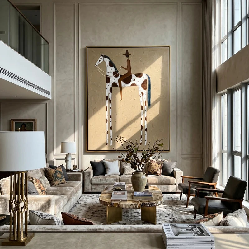 Tall Pinto Horse Rider Wall Art – Neutral Western Folk Painting#yy825148