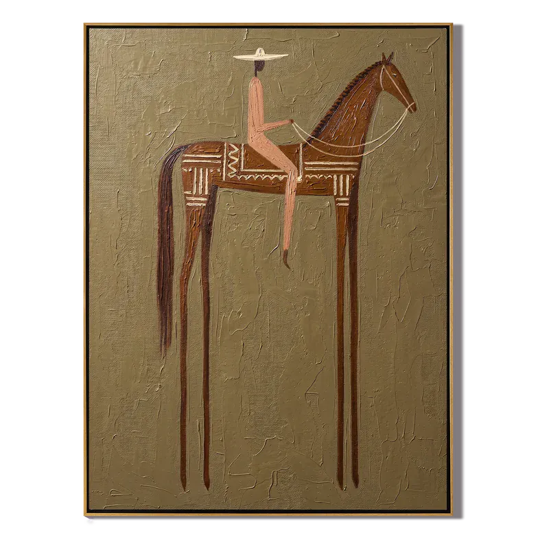Southwestern Patterned Horse Rider Wall Art – Olive Western Painting#yy825149