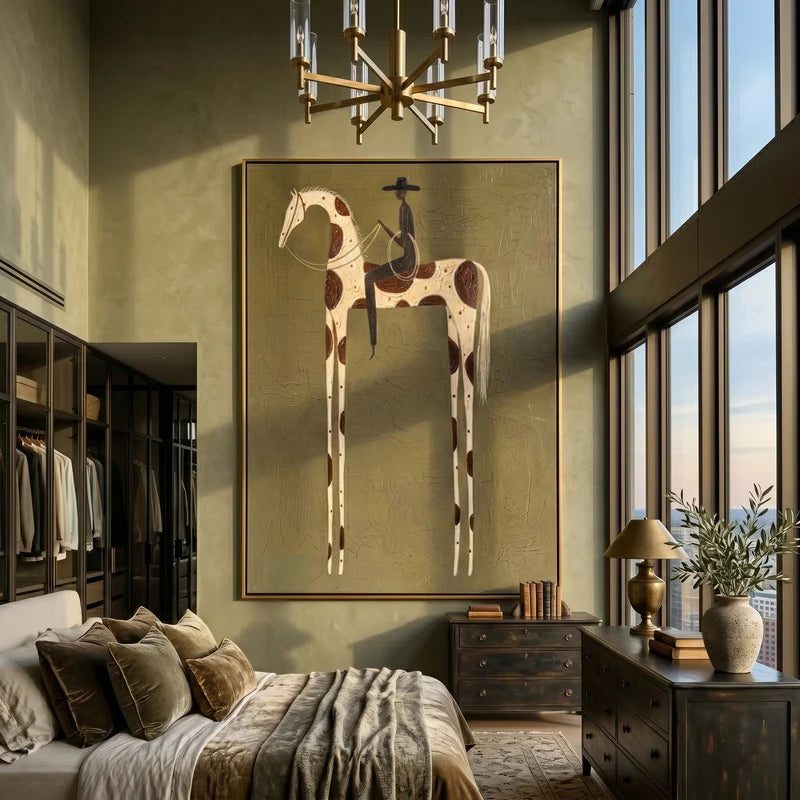 Spotted Horse and Black Hat Rider Wall Art – Olive Western Painting#yy825150