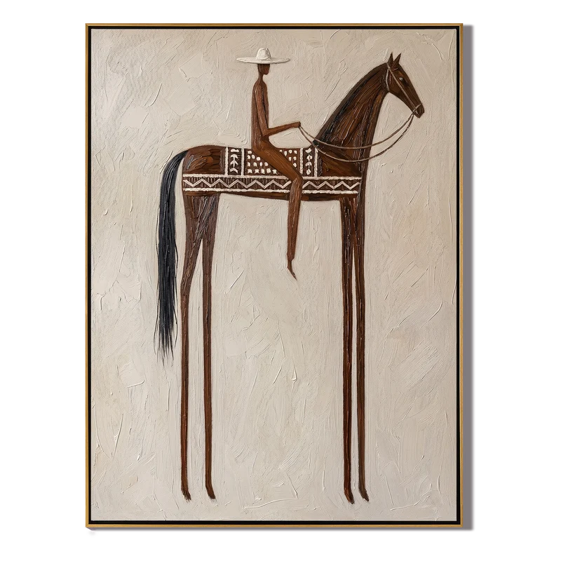 Patterned Brown Horse Rider Wall Art – Neutral Western Equestrian Painting#yy825153