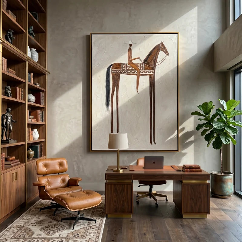 Patterned Brown Horse Rider Wall Art – Neutral Western Equestrian Painting#yy825153