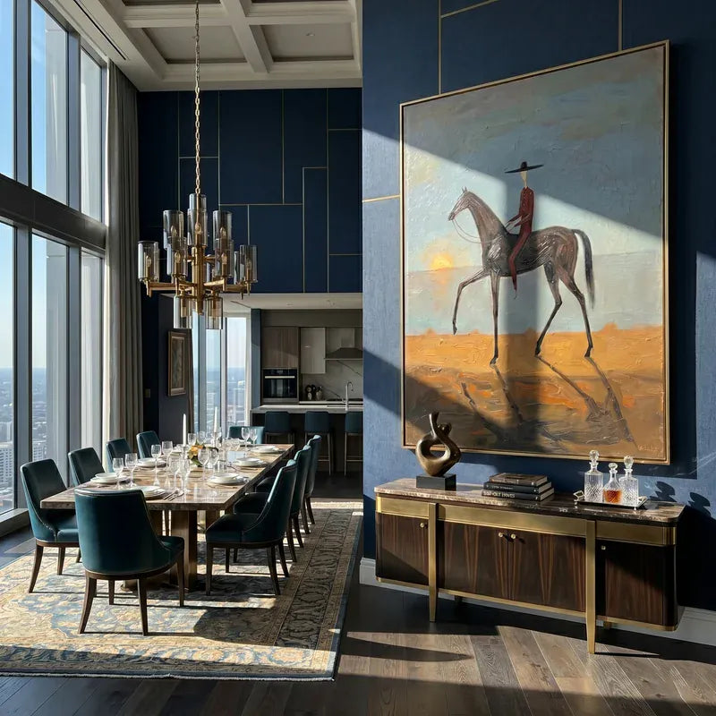Lone Rider at Sunset Wall Art – Black Horse Western Painting#yy825155