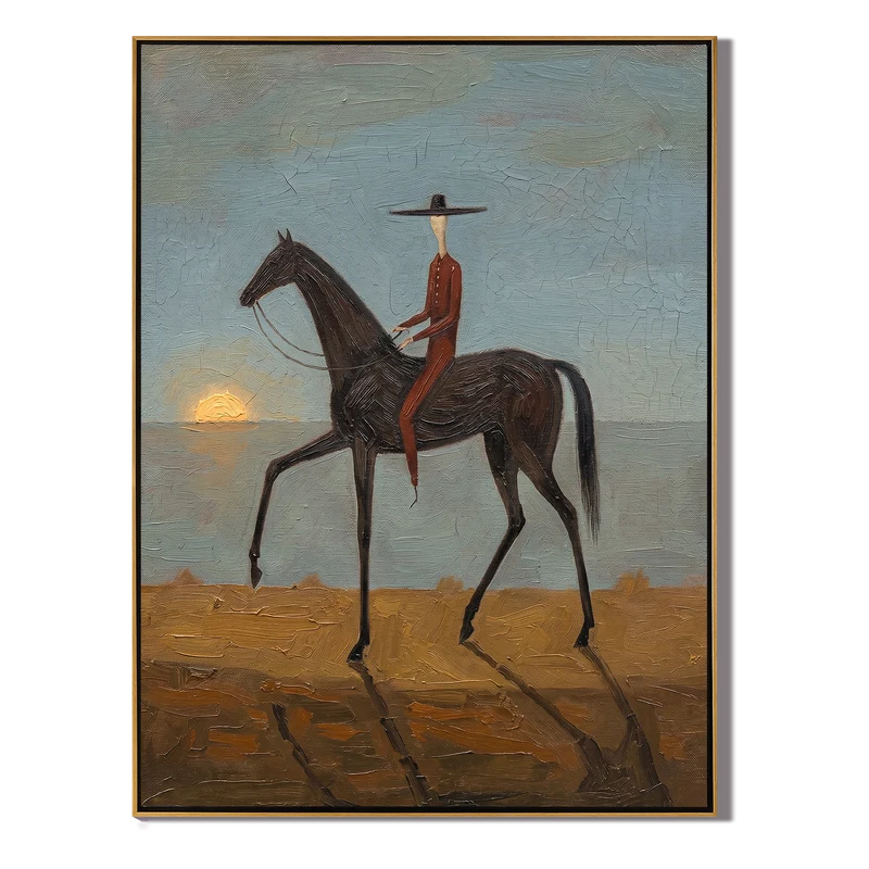 Lone Rider at Sunset Wall Art – Black Horse Western Painting#yy825155
