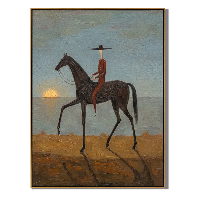 Lone Rider at Sunset Wall Art – Black Horse Western Painting#yy825155