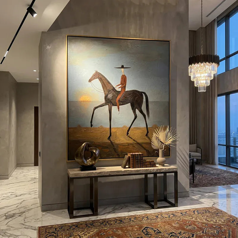 Lone Rider at Sunset Wall Art – Black Horse Western Painting#yy825155