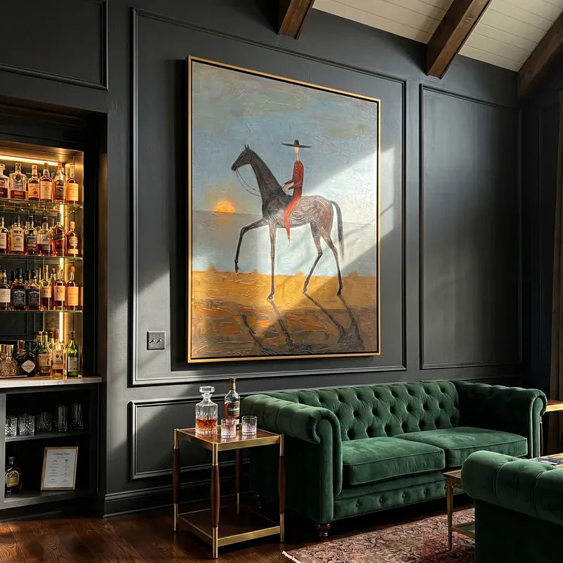 Lone Rider at Sunset Wall Art – Black Horse Western Painting#yy825155