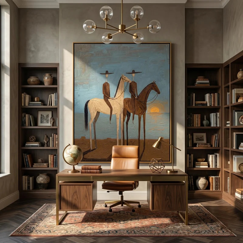 Two Cowboys at Sunset Wall Art – Western Horse Rider Painting#yy825156