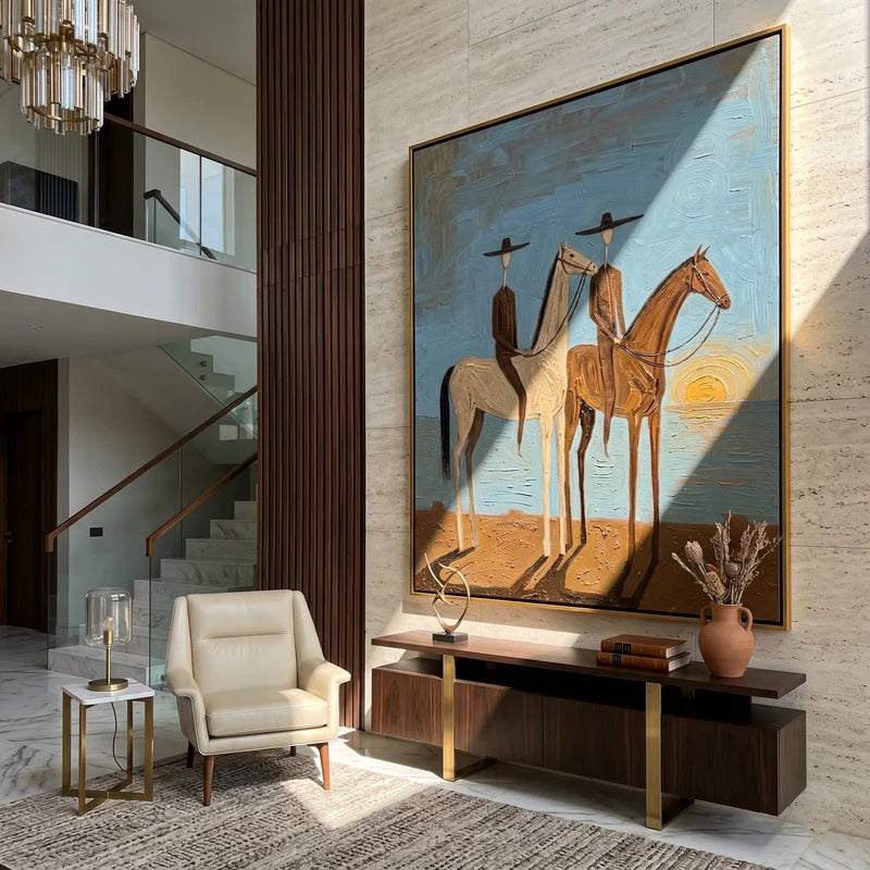 Two Cowboys at Sunset Wall Art – Western Horse Rider Painting#yy825156