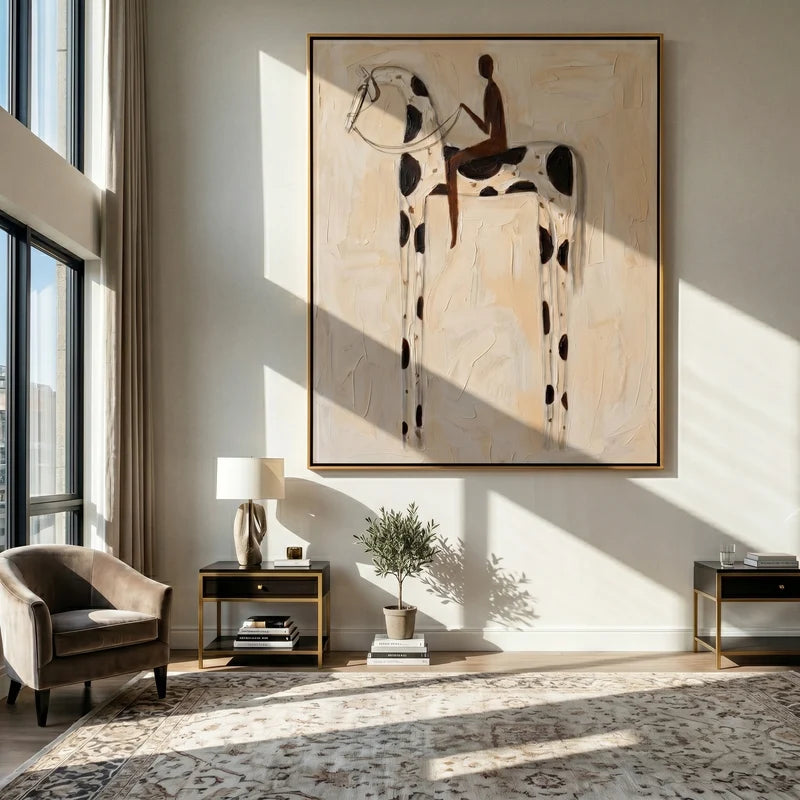 Black & White Pinto Horse Rider Wall Art – Neutral Equestrian Painting#yy825157