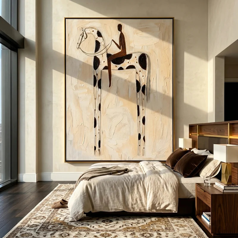 Black & White Pinto Horse Rider Wall Art – Neutral Equestrian Painting#yy825157
