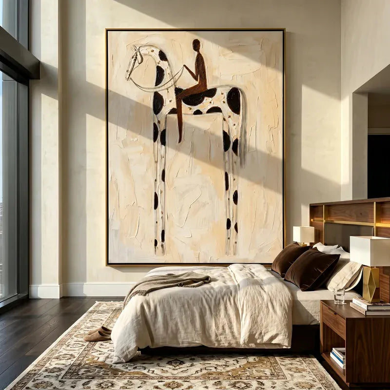 Black & White Pinto Horse Rider Wall Art – Neutral Equestrian Painting#yy825157