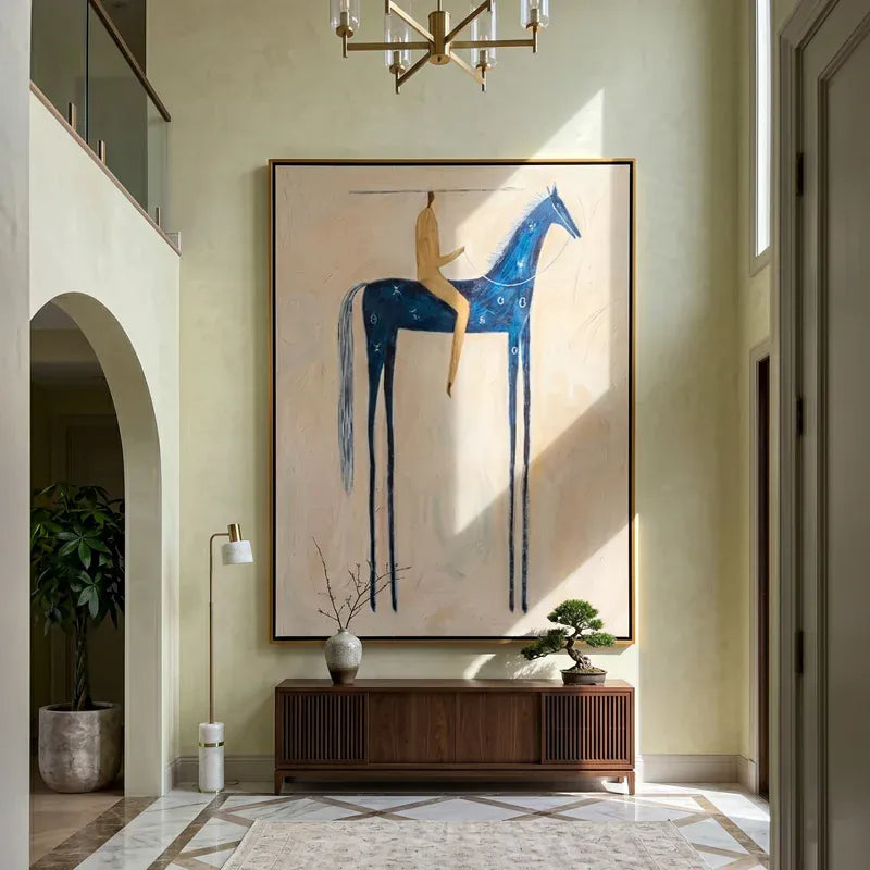 Navy Blue Horse Rider Wall Art – Gold Neutral Equestrian Painting#yy825158