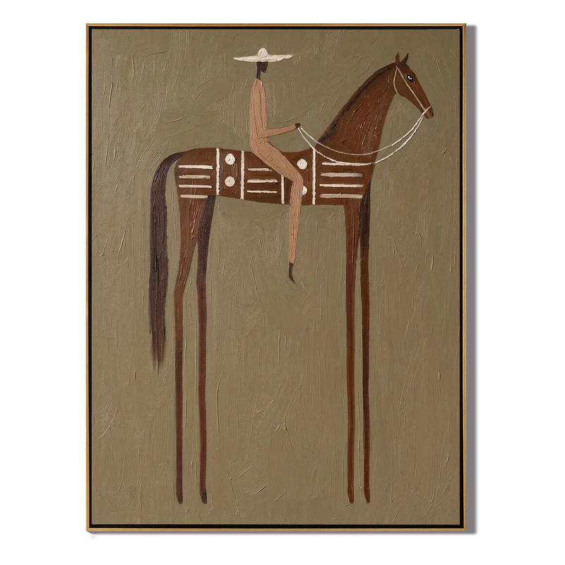 Geometric Brown Horse Rider Wall Art – Neutral Western Painting#yy825160