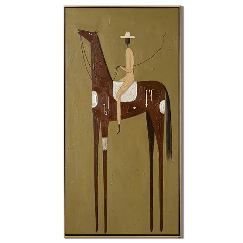Symbolic Brown Horse Rider Wall Art – Tall Western Folk Painting#yy825161